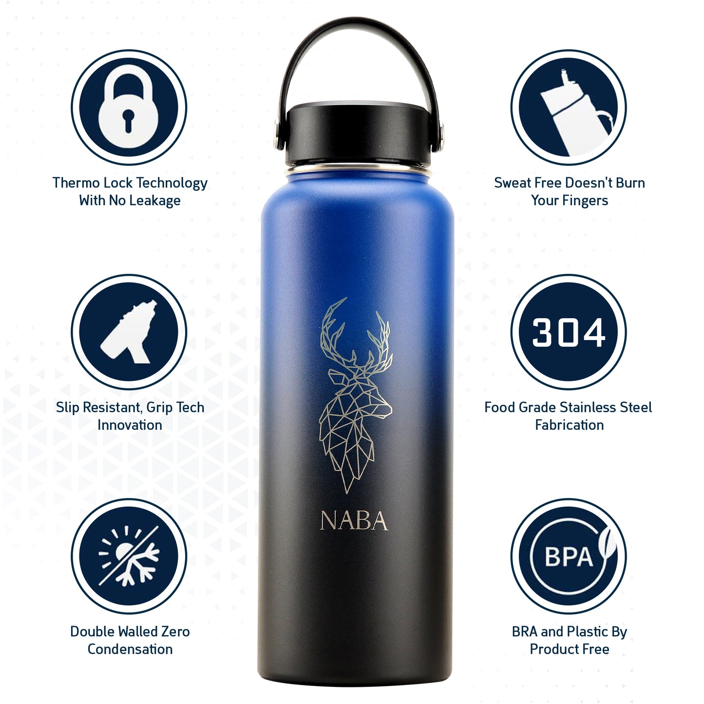 NABA Stainless Steel Water Bottle 1.2 Litre With a Wide Mouth- Blue Gradient