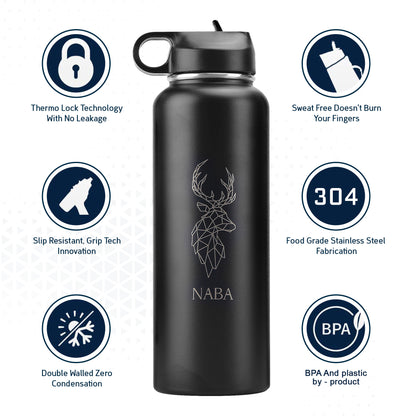 NABA Stainless Steel Water Bottle 1.2 Litre With a Wide Mouth- Black