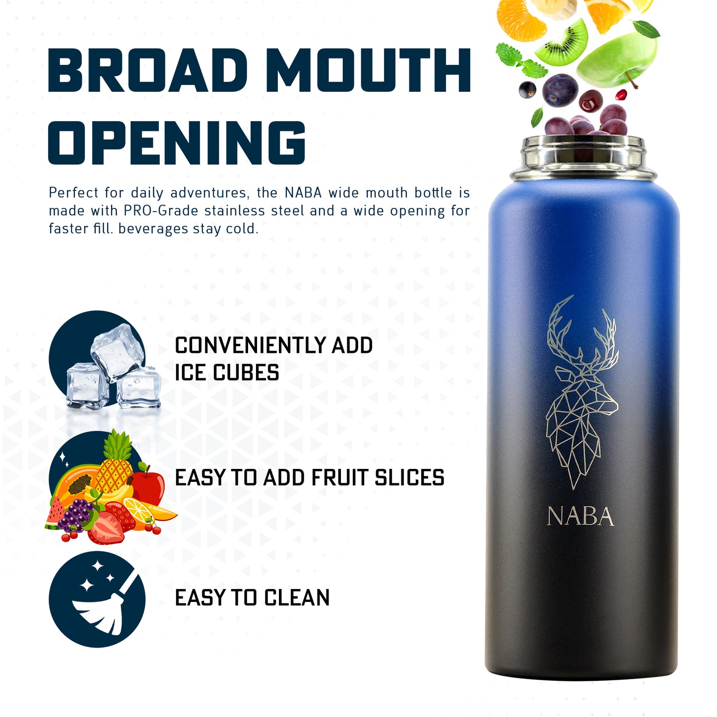 NABA Stainless Steel Water Bottle 1.2 Litre With a Wide Mouth- Blue Gradient