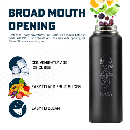 NABA Stainless Steel Water Bottle 1.2 Litre With a Wide Mouth- Black