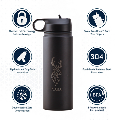 NABA Stainless Steel Water Bottle 600 ML With a Wide Mouth- Black