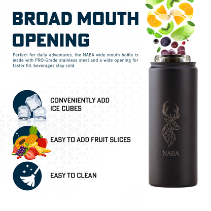 NABA Stainless Steel Water Bottle 600 ML With a Wide Mouth- Black