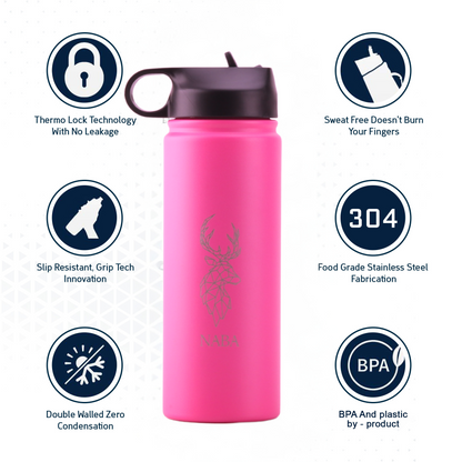 NABA Stainless Steel Water Bottle 600 ML With a Wide Mouth- Pink