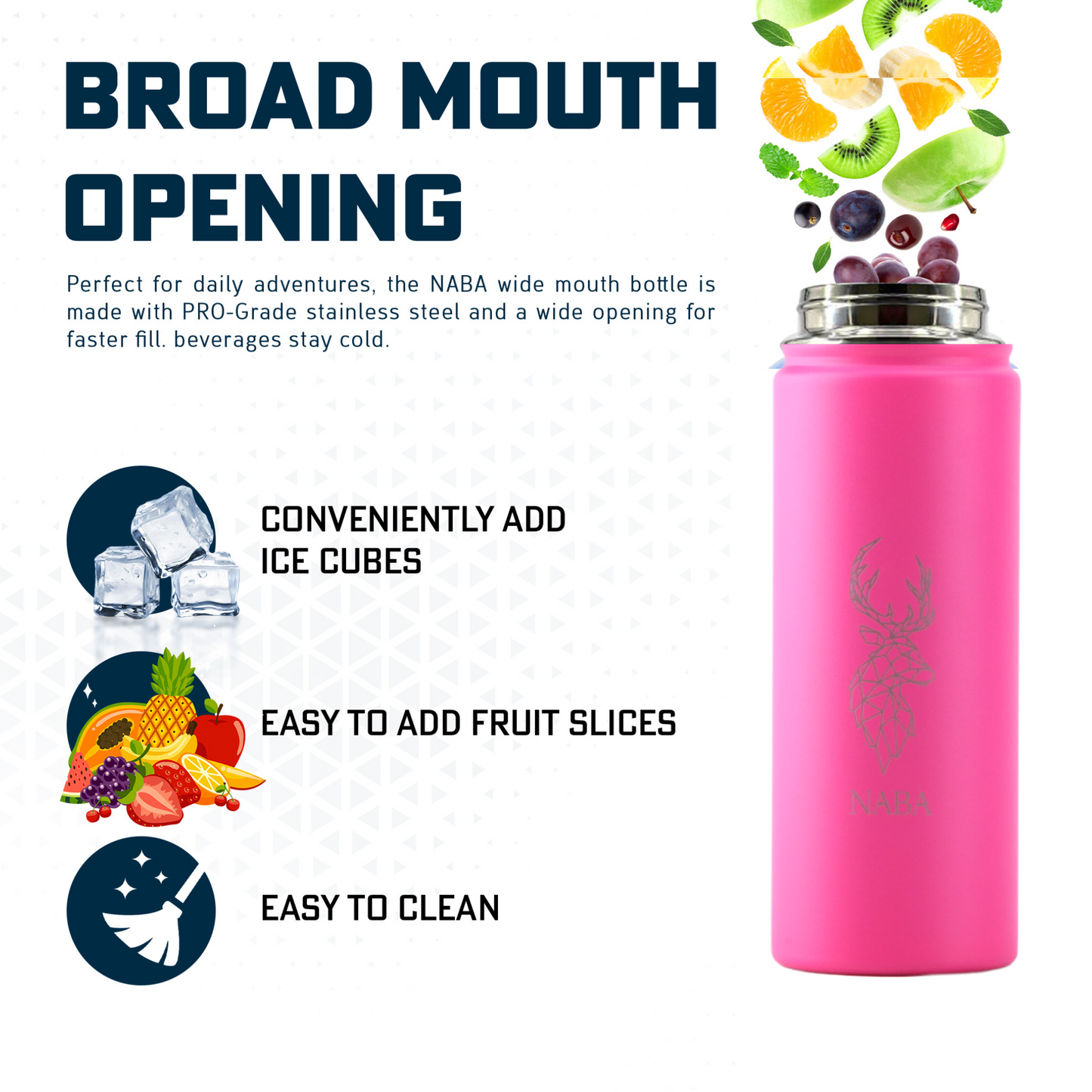 NABA Stainless Steel Water Bottle 600 ML With a Wide Mouth- Pink