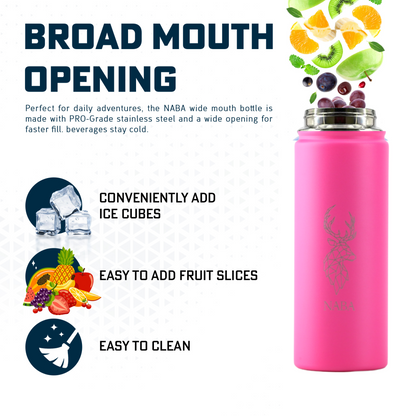 NABA Stainless Steel Water Bottle 600 ML With a Wide Mouth- Pink