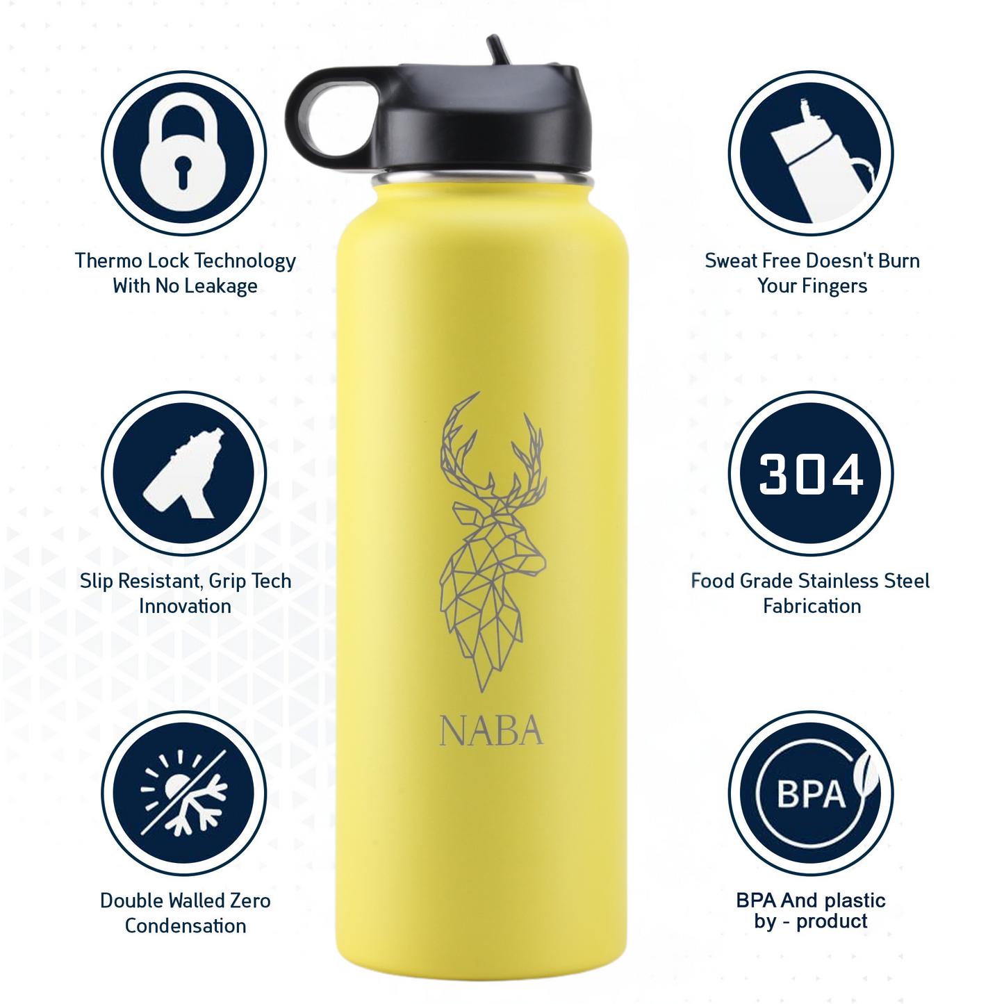 NABA Stainless Steel Water Bottle 1.2 Litre With a Wide Mouth- Yellow