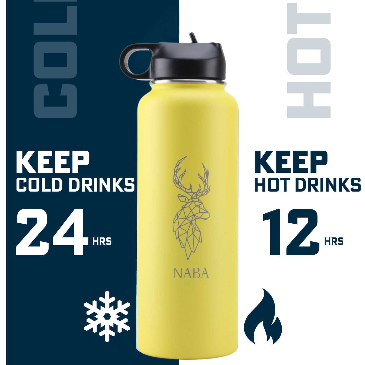 NABA Stainless Steel Water Bottle 1.2 Litre With a Wide Mouth- Yellow