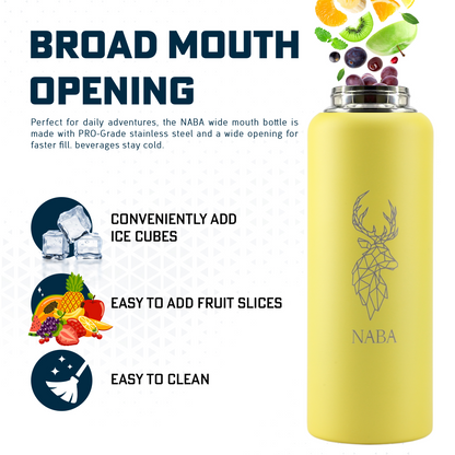 NABA Stainless Steel Water Bottle 1.2 Litre With a Wide Mouth- Yellow