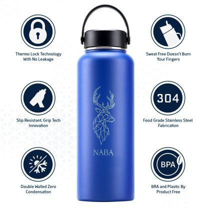 NABA Stainless Steel Water Bottle 1.2 Litre With a Wide Mouth- Blue